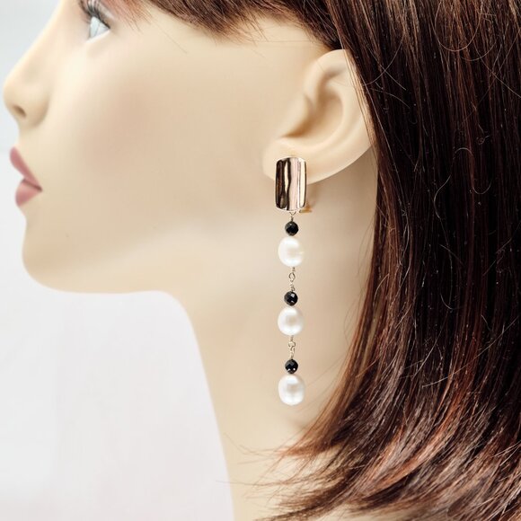 Pearl & Black Spinel Dangle Earrings, 14K Gold Filled Lever Back Earrings - Picture 6 of 9